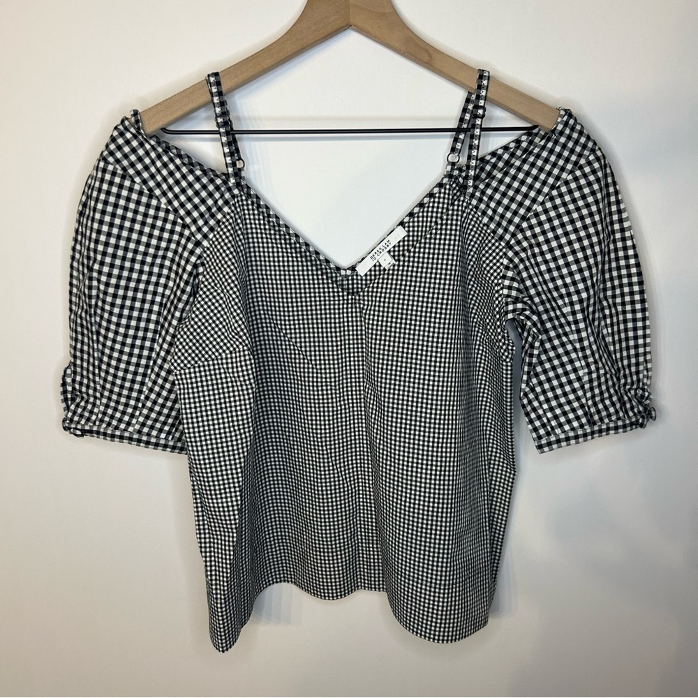 Derek Lam 10 Crosby Black And White Gingham Top, Size 8, Cold Shoulder, V Neck